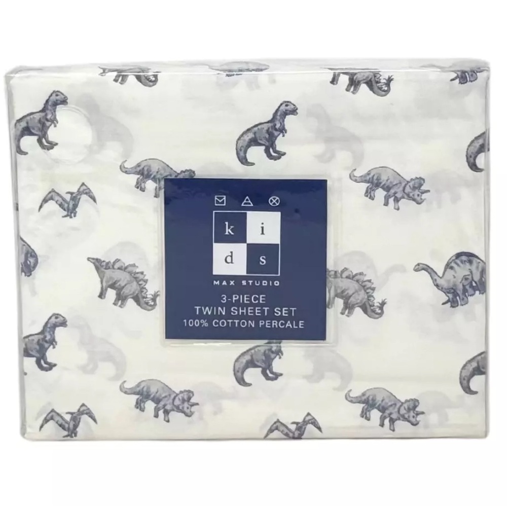 MAX STUDIO TWIN 3PC 200 TC Soft Cotton Percale Dino Sheet Set Blue Dinosaurs NEW